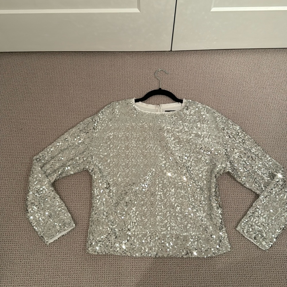 Something navy, silver, sequin, long sleeve shirt can be dressed up or down